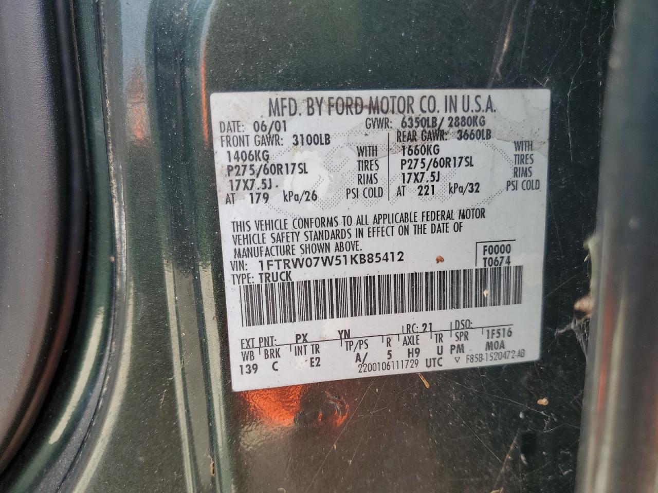 2001 Ford F150 Supercrew VIN: 1FTRW07W51KB85412 Lot: 67404005