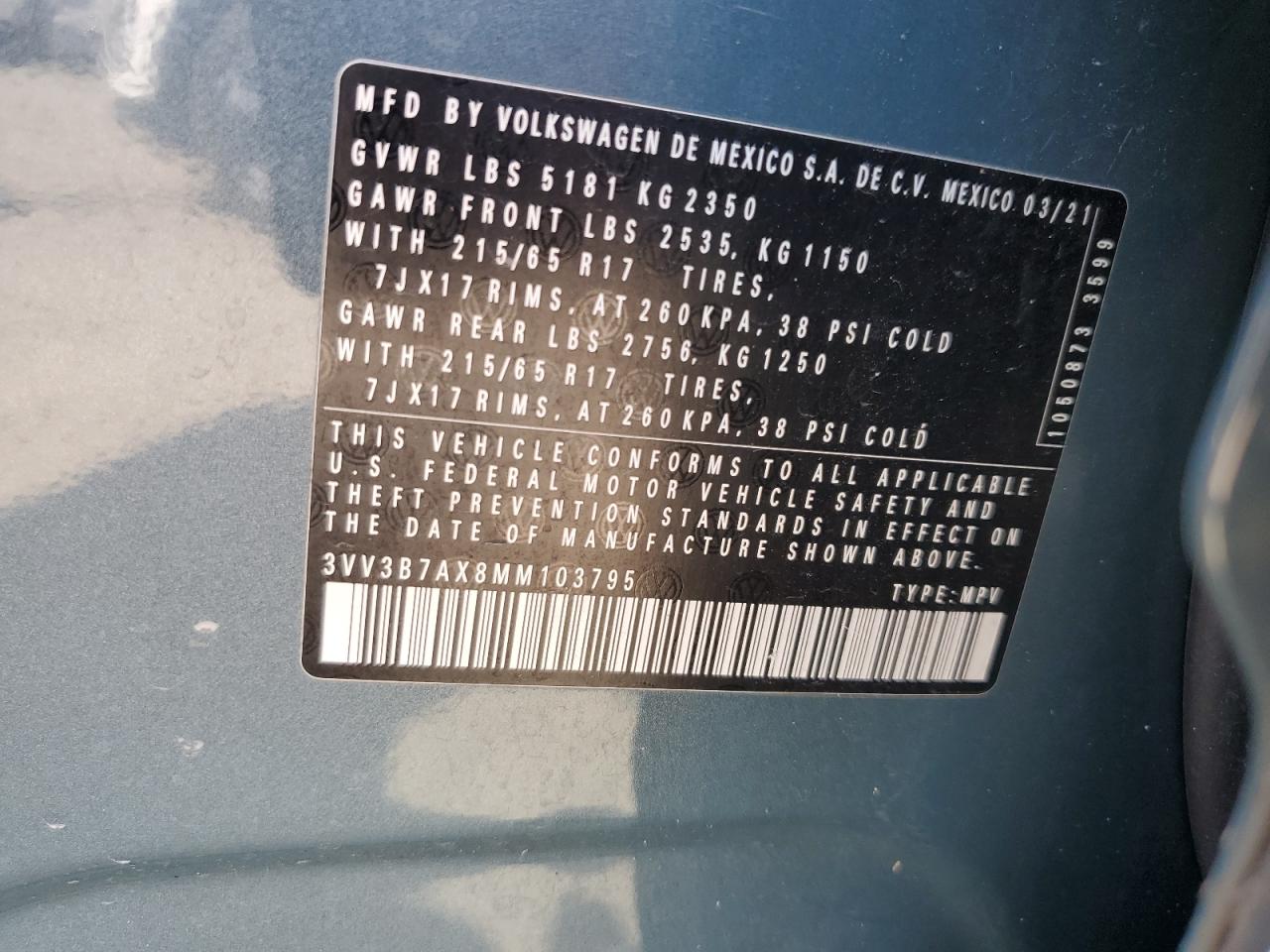 2021 Volkswagen Tiguan Se VIN: 3VV3B7AX8MM103795 Lot: 69850945