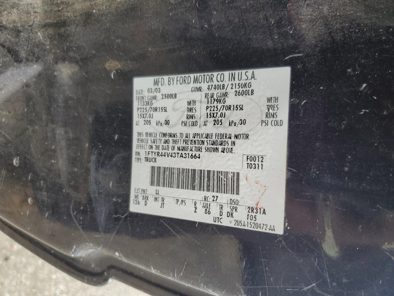 2003 Ford Ranger Super Cab VIN: 1FTYR44V43TA31664 Lot: 67202445