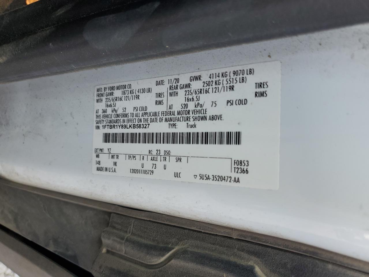 2020 Ford Transit T-250 VIN: 1FTBR1Y89LKB58327 Lot: 87448805