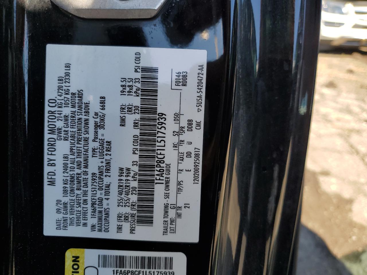 2020 Ford Mustang Gt VIN: 1FA6P8CF1L5175939 Lot: 62714655