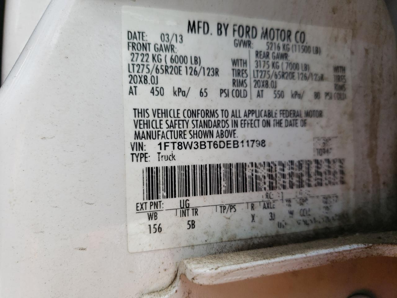 2013 Ford F350 Super Duty VIN: 1FT8W3BT6DEB11798 Lot: 69452055