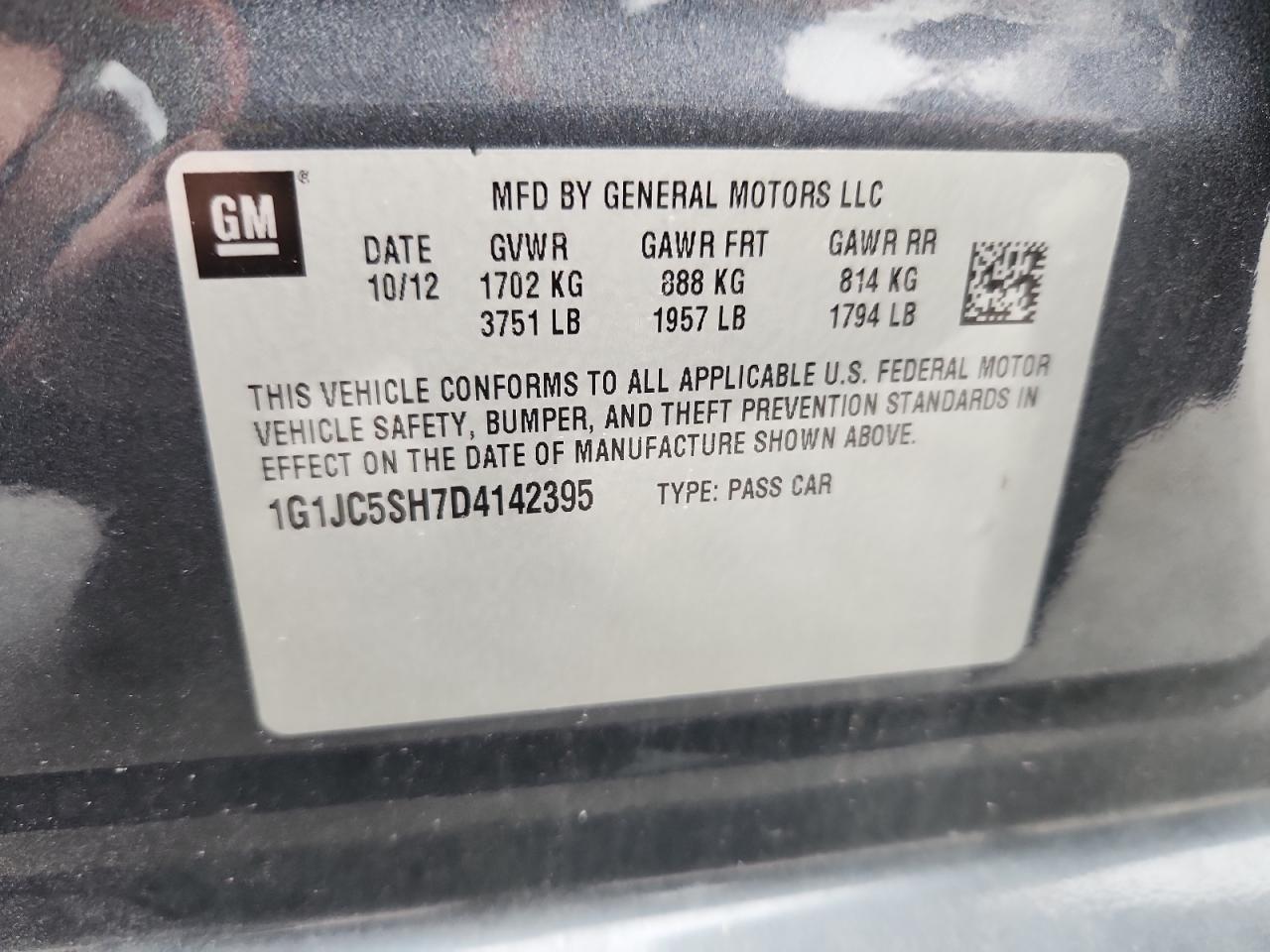 2013 Chevrolet Sonic Lt VIN: 1G1JC5SH7D4142395 Lot: 70985505