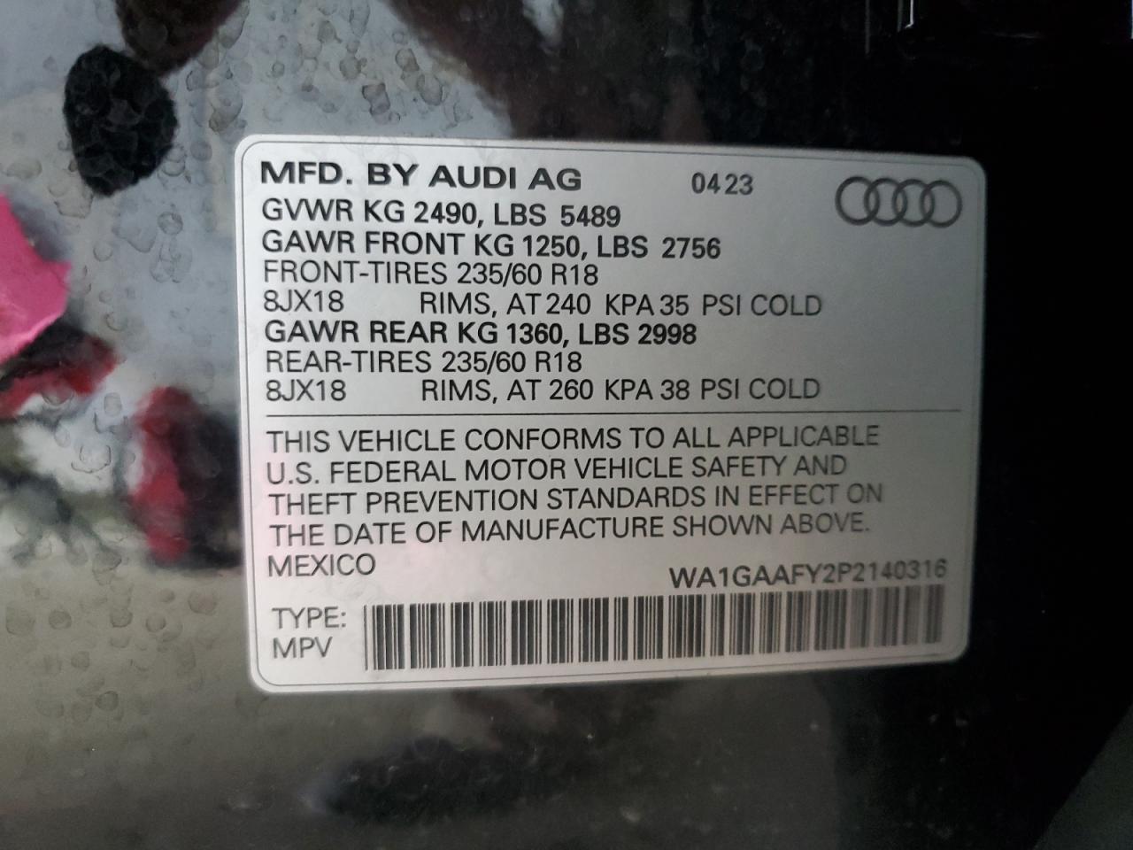 2023 Audi Q5 Premium 45 VIN: WA1GAAFY2P2140316 Lot: 70355965