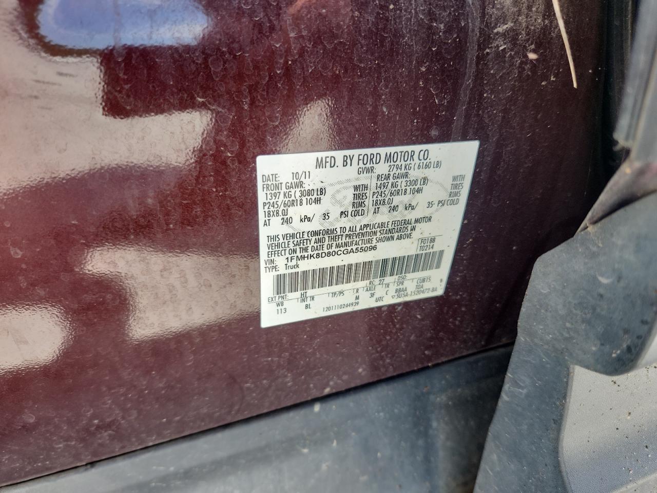 2012 Ford Explorer Xlt VIN: 1FMHK8D80CGA55096 Lot: 70547105