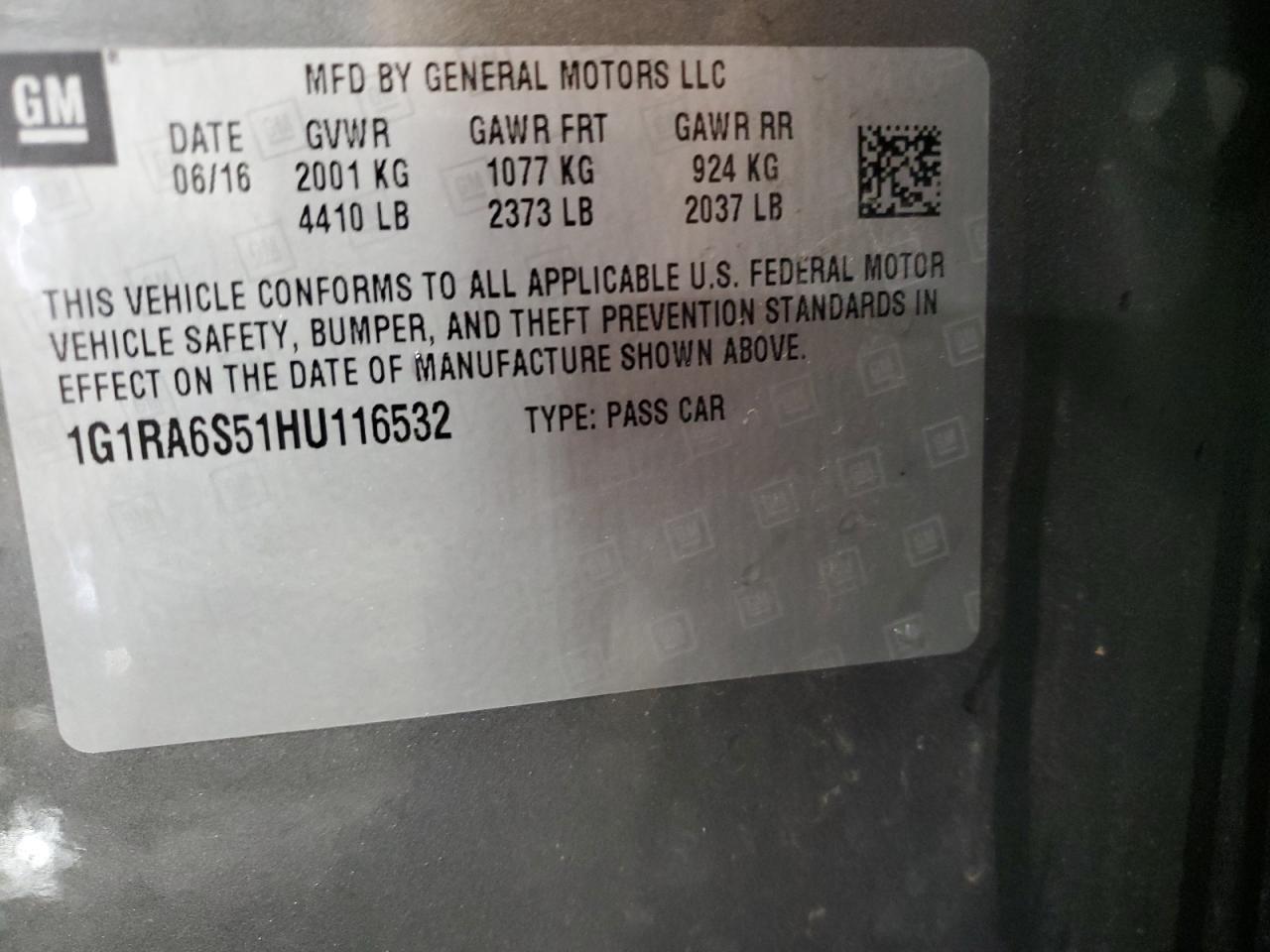 2017 Chevrolet Volt Lt VIN: 1G1RA6S51HU116532 Lot: 67492455