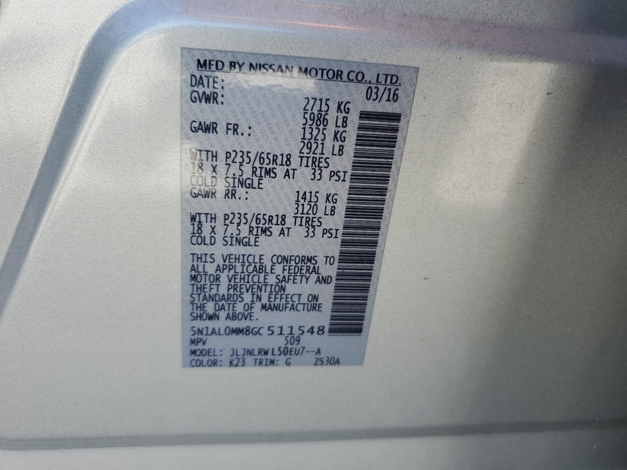 2016 Infiniti Qx60 VIN: 5N1AL0MM8GC511548 Lot: 70471445