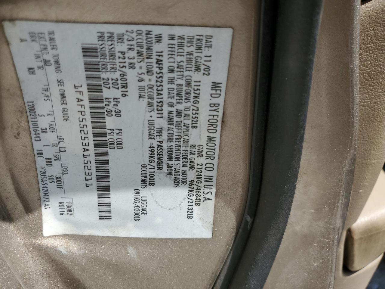 2003 Ford Taurus Ses VIN: 1FAFP55253A152311 Lot: 67622495