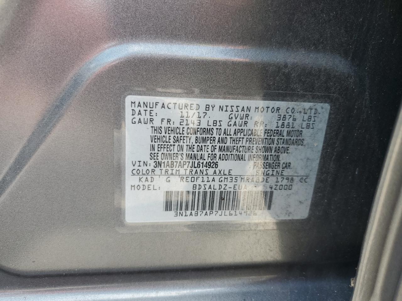 2018 Nissan Sentra S VIN: 3N1AB7AP7JL614926 Lot: 67870495