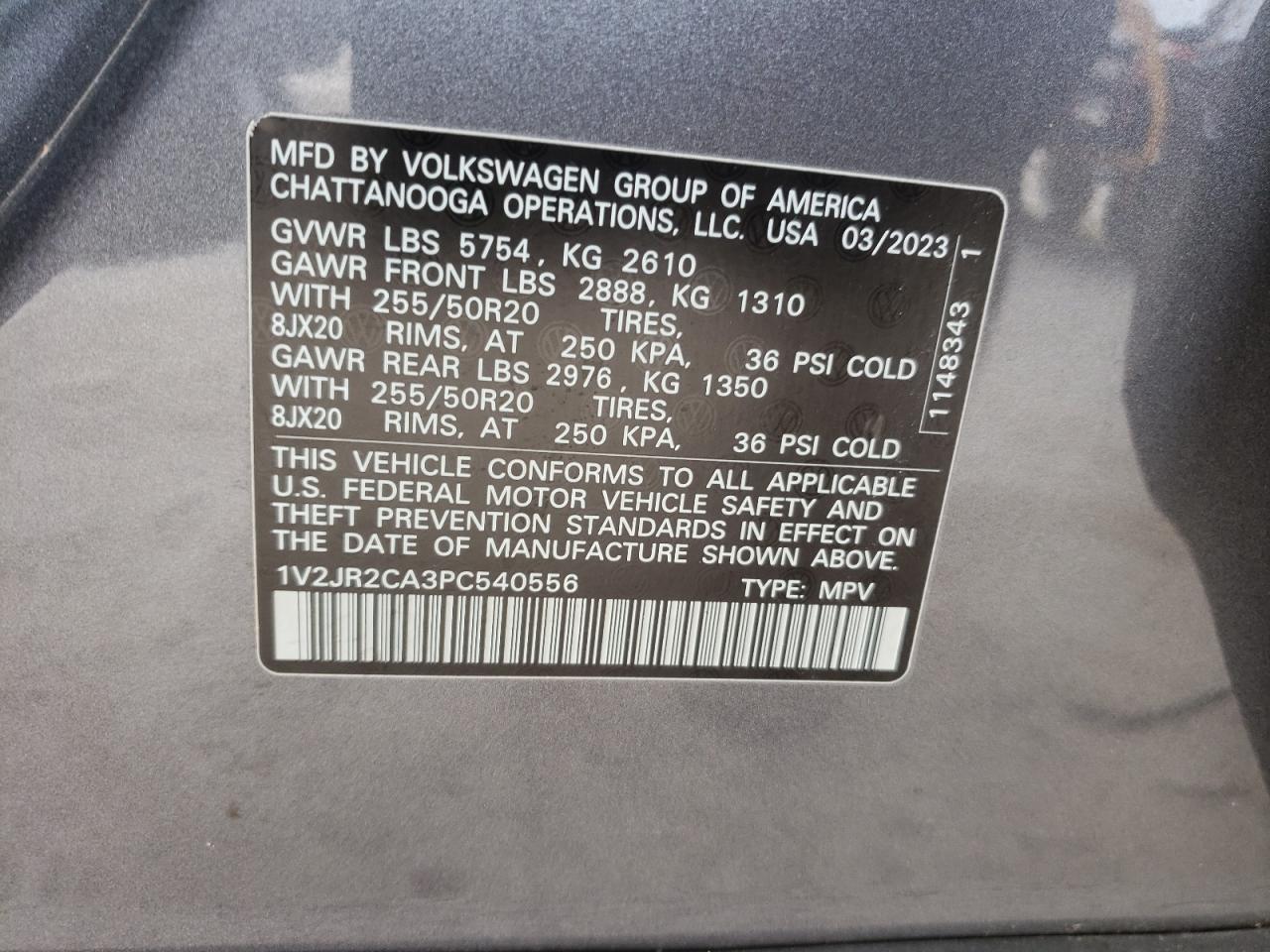 2023 Volkswagen Atlas Se VIN: 1V2JR2CA3PC540556 Lot: 70365955