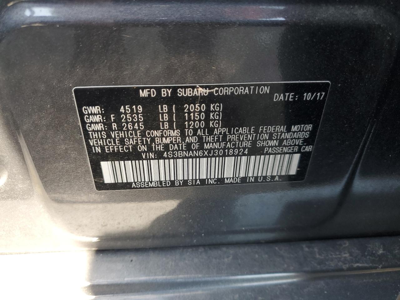 2018 Subaru Legacy 2.5I Limited VIN: 4S3BNAN6XJ3018924 Lot: 68893475