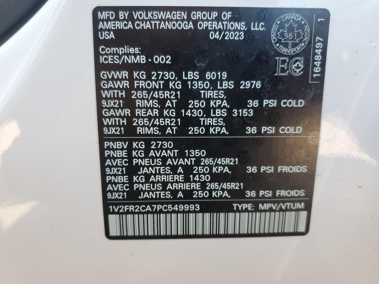 2023 Volkswagen Atlas Sel Premium R-Line VIN: 1V2FR2CA7PC549993 Lot: 67004735