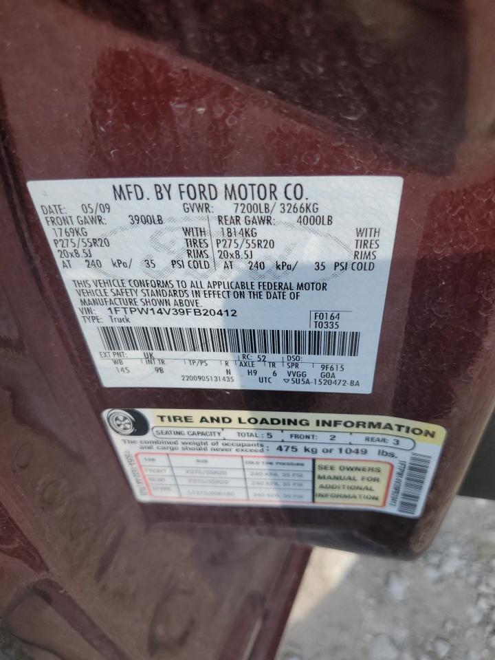 2009 Ford F150 Supercrew VIN: 1FTPW14V39FB20412 Lot: 67818095