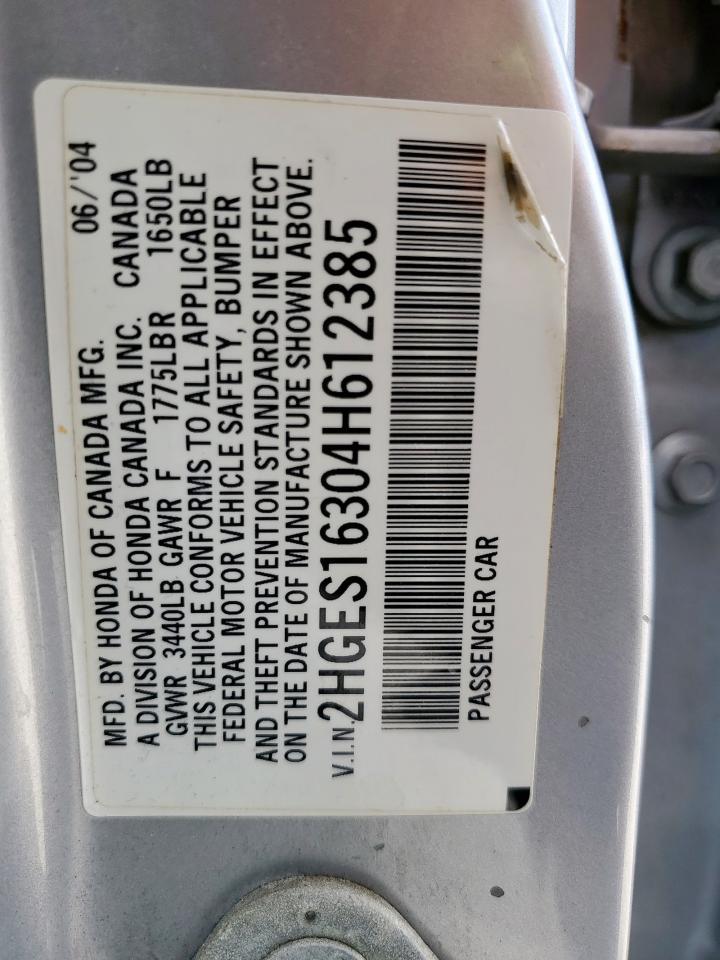 2004 Honda Civic Dx Vp VIN: 2HGES16304H612385 Lot: 69979885