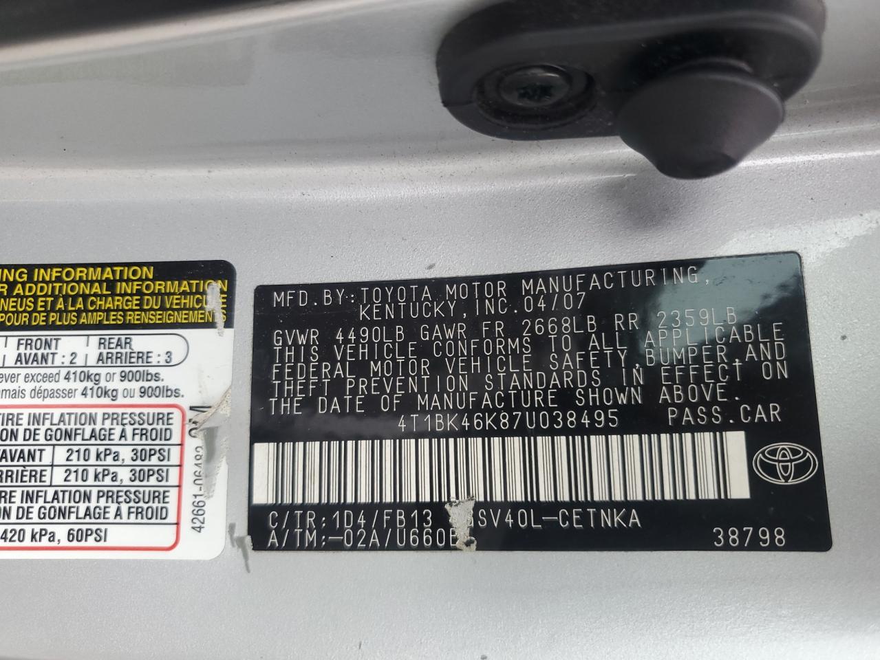 2007 Toyota Camry Le VIN: 4T1BK46K87U038495 Lot: 67922525