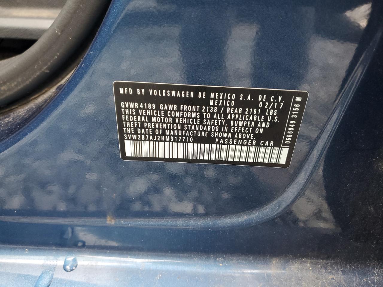 2017 Volkswagen Jetta S VIN: 3VW2B7AJ2HM317710 Lot: 69826665