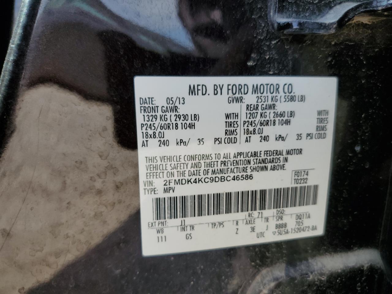 2013 Ford Edge Limited VIN: 2FMDK4KC9DBC46586 Lot: 69211735