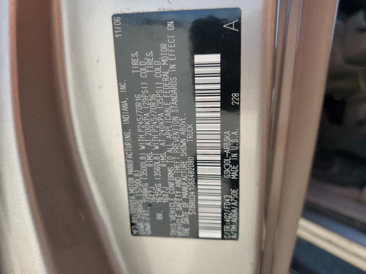 2006 Toyota Tundra Access Cab Sr5 VIN: 5TBRU34106S482080 Lot: 69062815