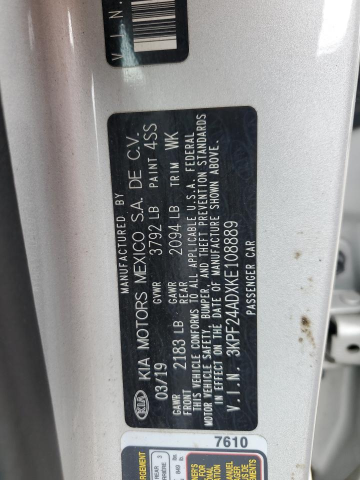 2019 Kia Forte Fe VIN: 3KPF24ADXKE108889 Lot: 69811835