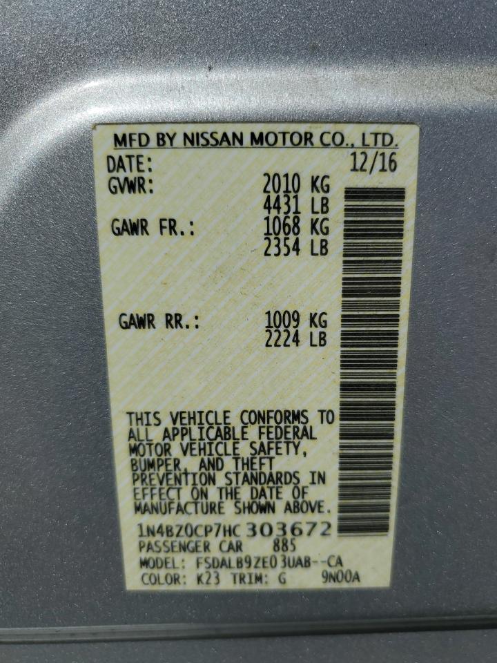 2017 Nissan Leaf S VIN: 1N4BZ0CP7HC303672 Lot: 68384815