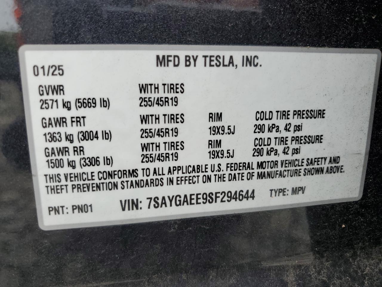 2025 Tesla Model Y VIN: 7SAYGAEE9SF294644 Lot: 69127555