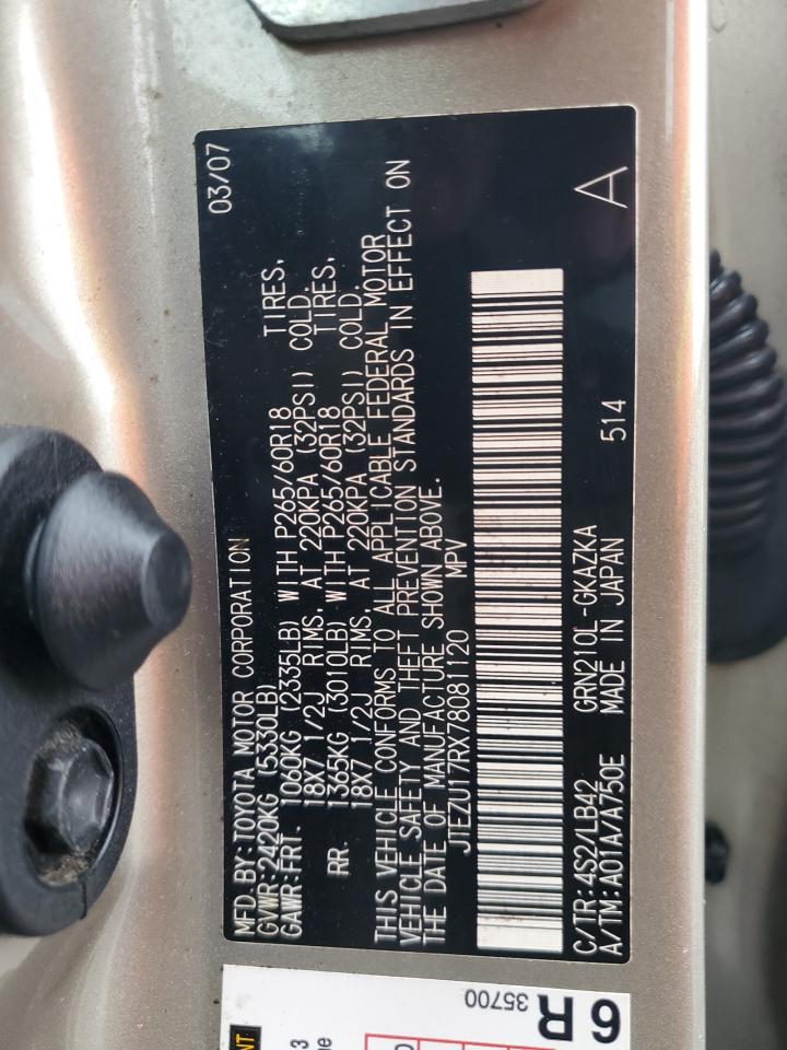 2007 Toyota 4Runner Limited VIN: JTEZU17RX78081120 Lot: 67135295