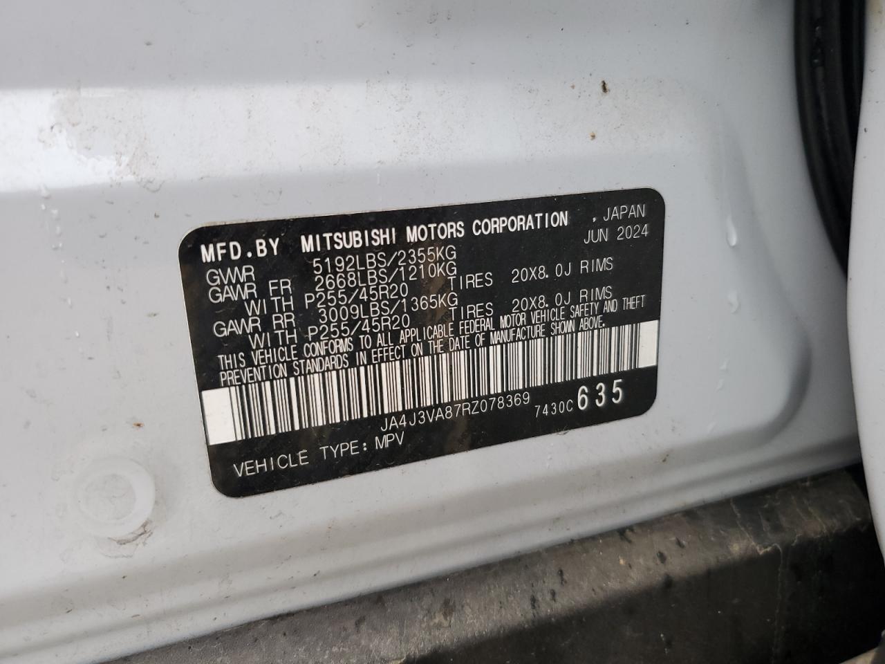 2024 Mitsubishi Outlander Se VIN: JA4J3VA87RZ078369 Lot: 69429785