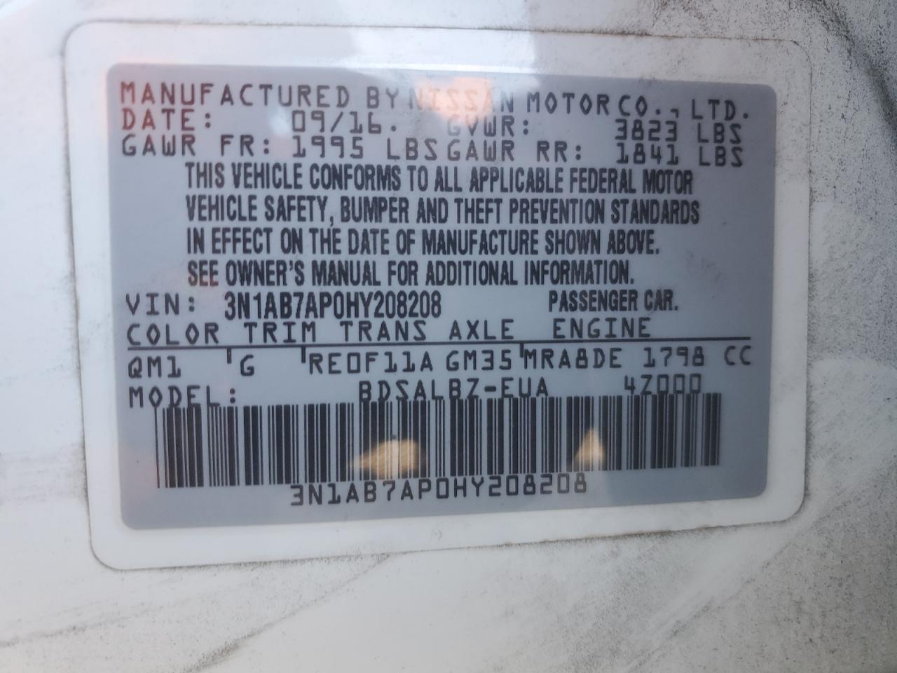 2017 Nissan Sentra S VIN: 3N1AB7AP0HY208208 Lot: 70303345