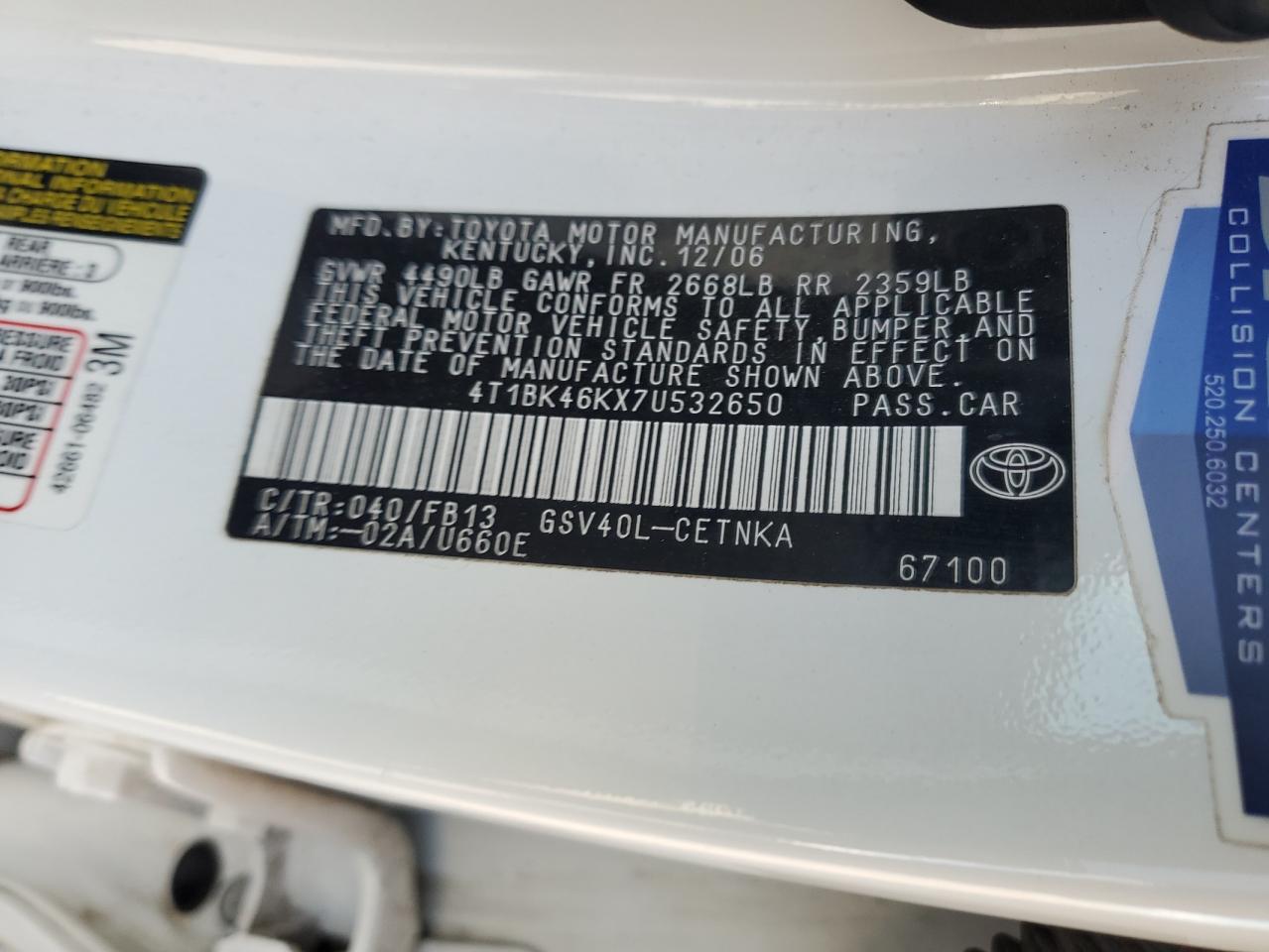 2007 Toyota Camry Le VIN: 4T1BK46KX7U532650 Lot: 68395225