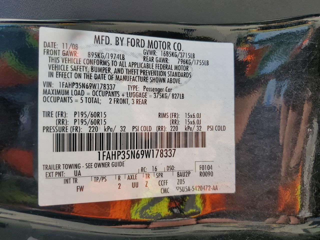 2009 Ford Focus Se VIN: 1FAHP35N69W178337 Lot: 70186735