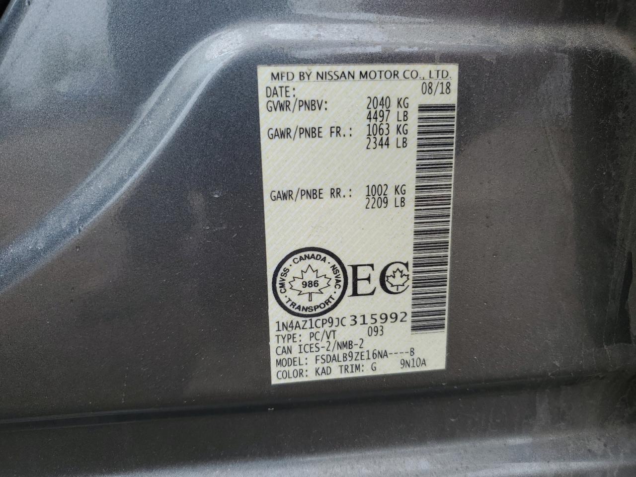 2018 Nissan Leaf S VIN: 1N4AZ1CP9JC315992 Lot: 70542095