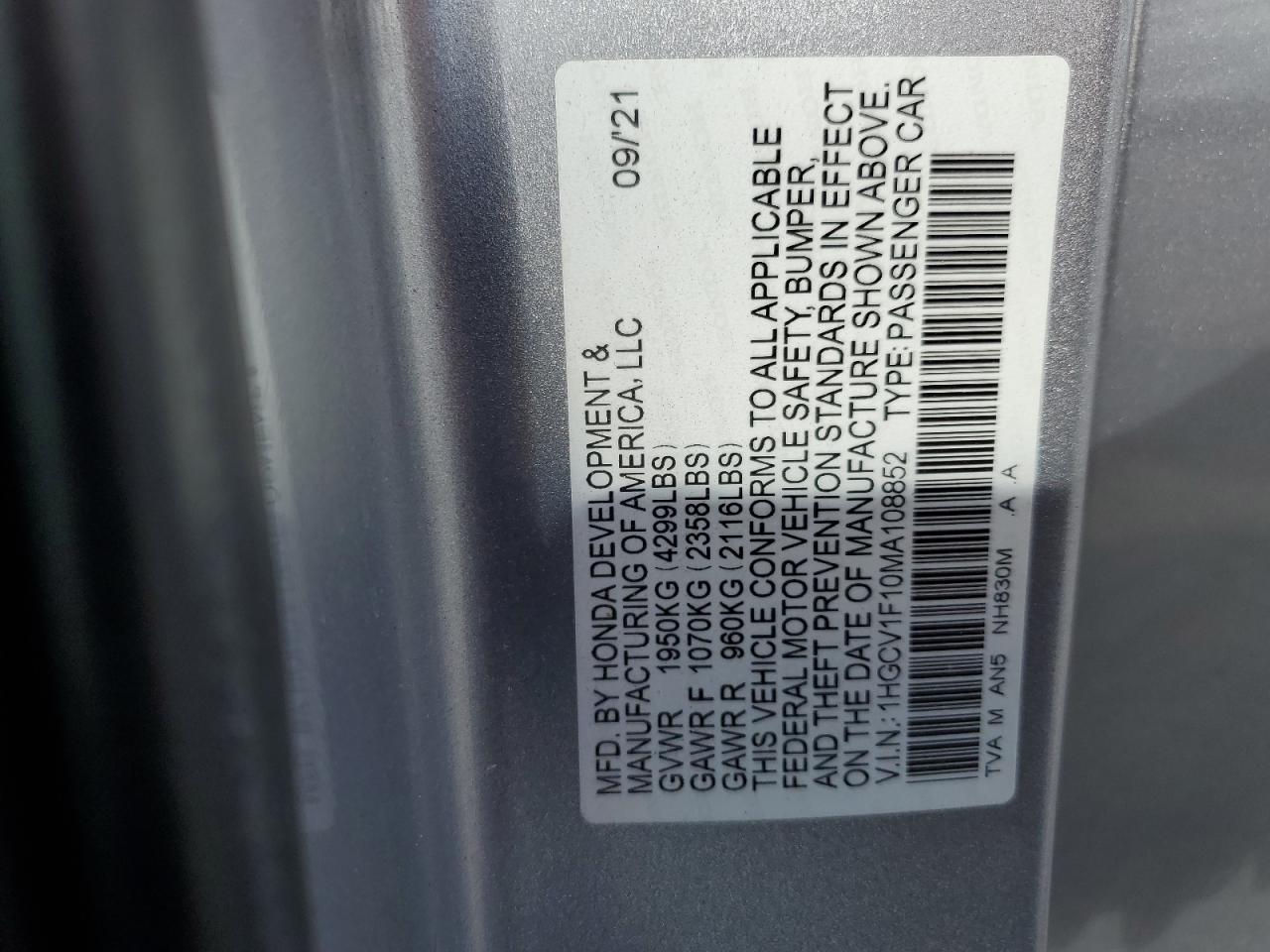 2021 Honda Accord Lx VIN: 1HGCV1F10MA108852 Lot: 69089365