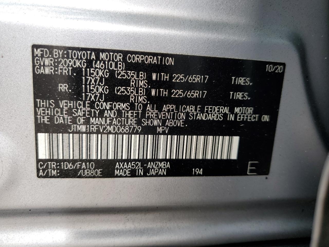 2021 Toyota Rav4 Xle VIN: JTMW1RFV2MD068779 Lot: 70234125