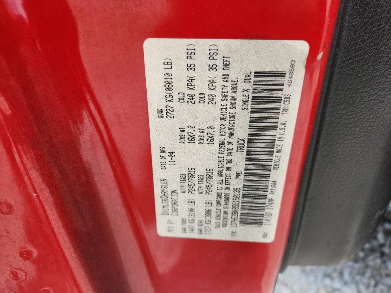 2005 Dodge Dakota Quad VIN: 1D7HE28N85S158135 Lot: 69058665