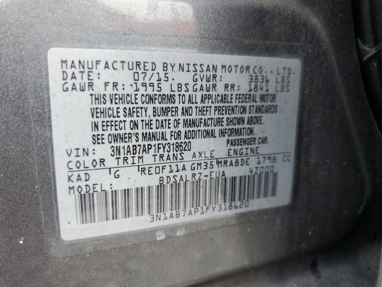 2015 Nissan Sentra S VIN: 3N1AB7AP1FY318620 Lot: 69926425