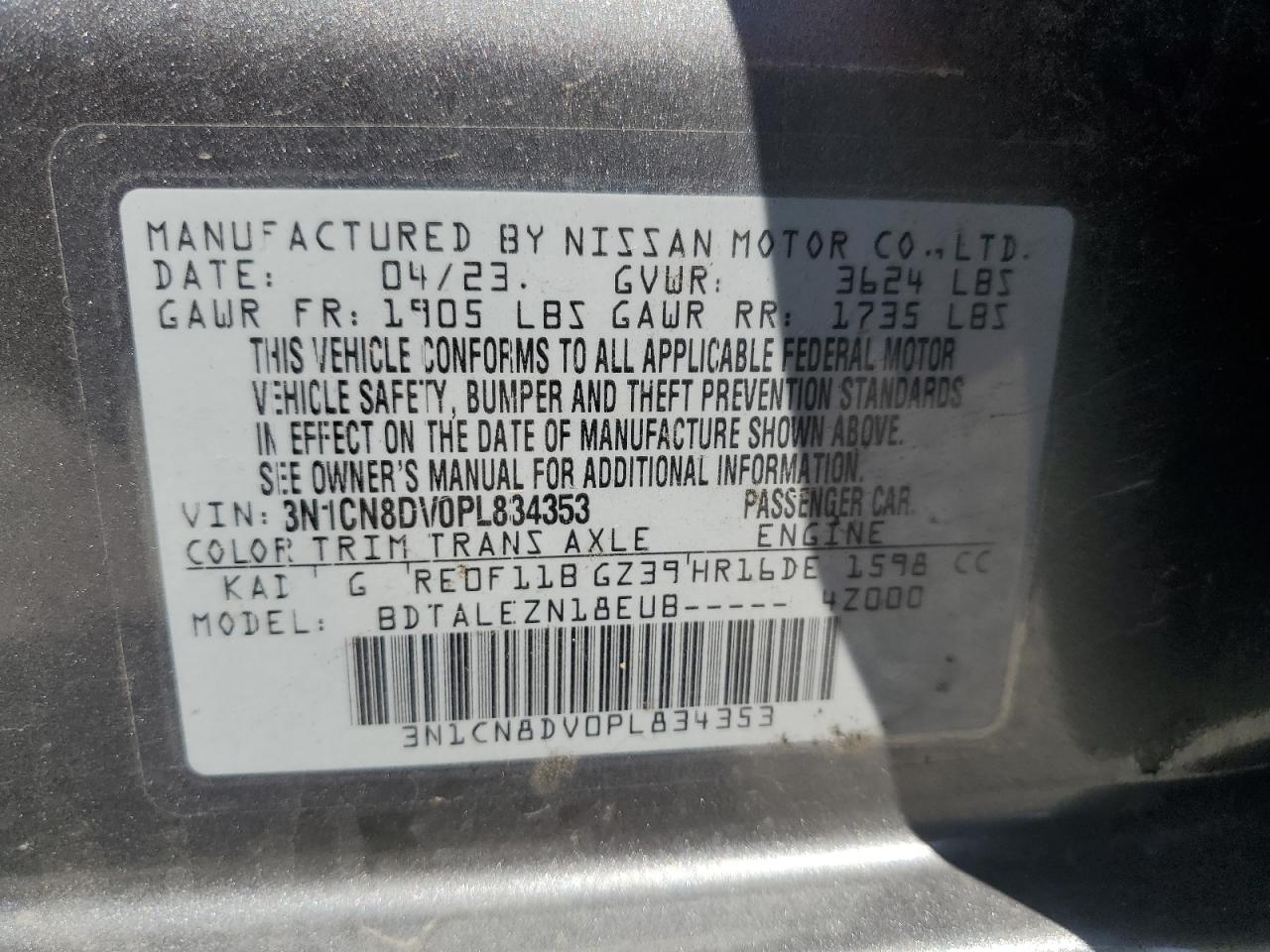 2023 Nissan Versa S VIN: 3N1CN8DV0PL834353 Lot: 70928695
