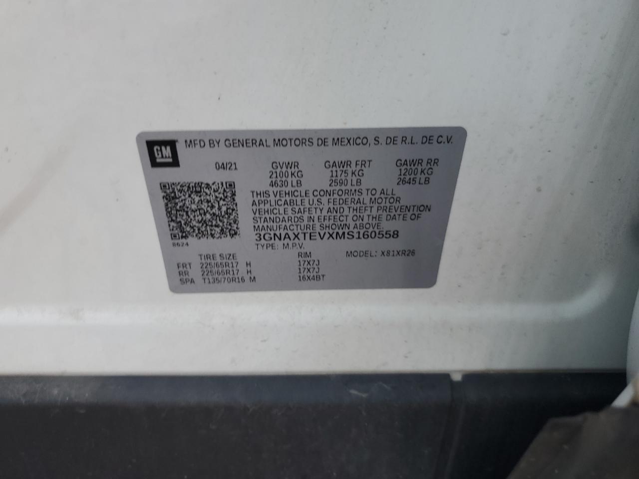 2021 Chevrolet Equinox Lt VIN: 3GNAXTEVXMS160558 Lot: 70443645