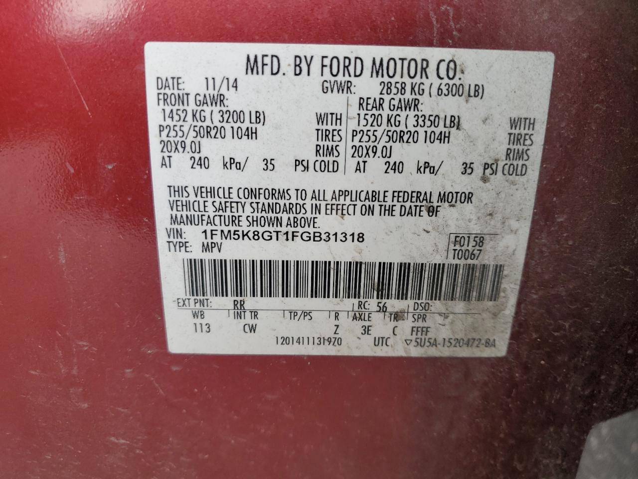 2015 Ford Explorer Sport VIN: 1FM5K8GT1FGB31318 Lot: 68091305