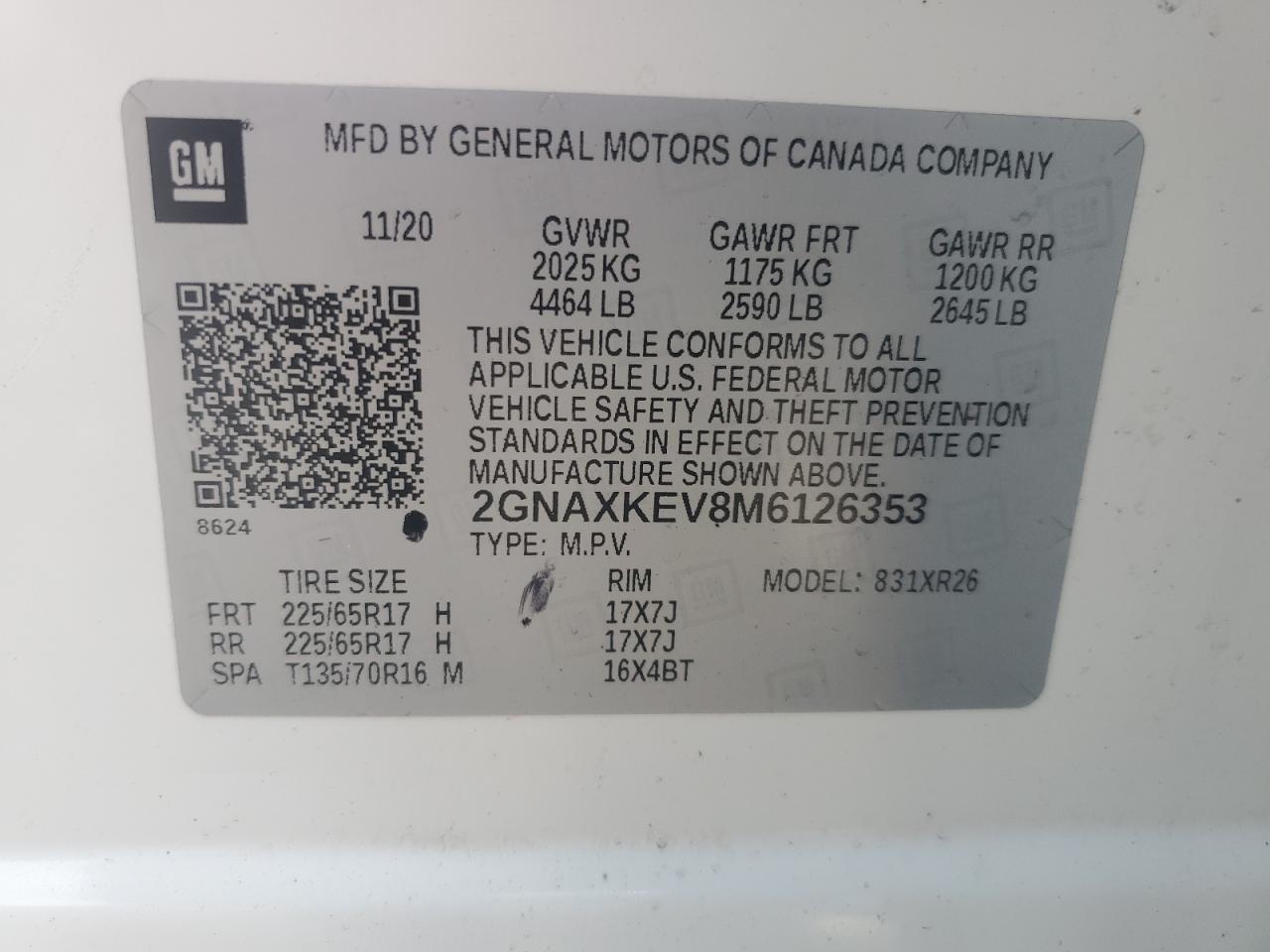 2021 Chevrolet Equinox Lt VIN: 2GNAXKEV8M6126353 Lot: 69154465