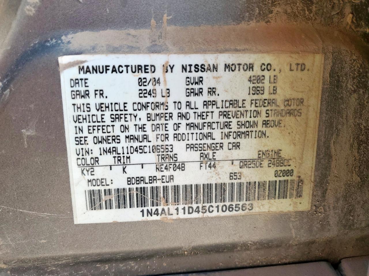 2005 Nissan Altima S VIN: 1N4AL11D45C106563 Lot: 70137585