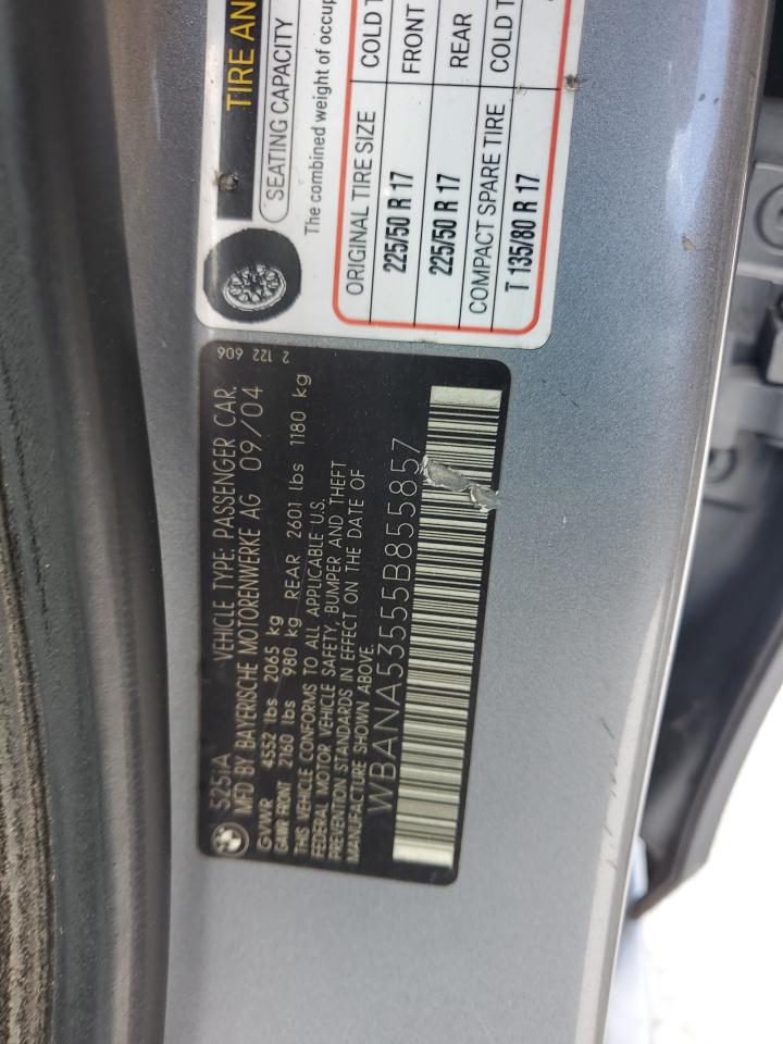 2005 BMW 525 I VIN: WBANA53555B855857 Lot: 69612015