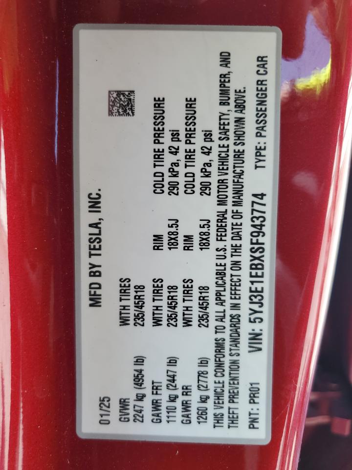 2025 Tesla Model 3 VIN: 5YJ3E1EBXSF943774 Lot: 68904465