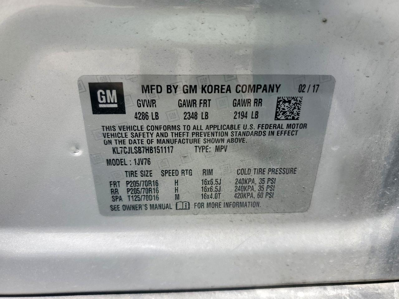 2017 Chevrolet Trax 1Lt VIN: KL7CJLSB7HB151117 Lot: 70822215