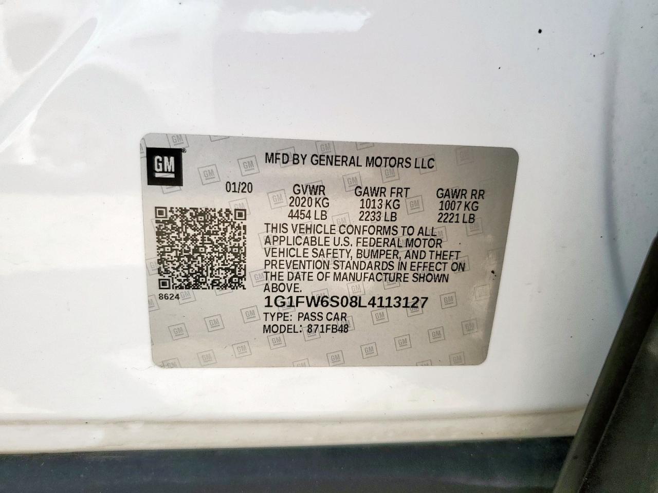 2020 Chevrolet Bolt Ev Lt VIN: 1G1FW6S08L4113127 Lot: 70485895