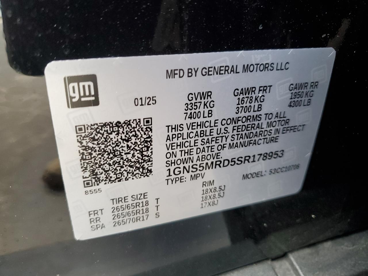 2025 Chevrolet Tahoe C1500 Ls VIN: 1GNS5MRD5SR178953 Lot: 86686255