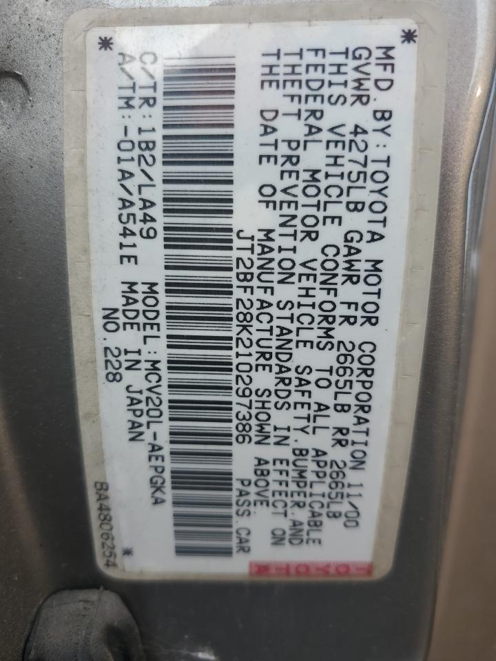 2001 Toyota Camry Le VIN: JT2BF28K210297386 Lot: 68504075