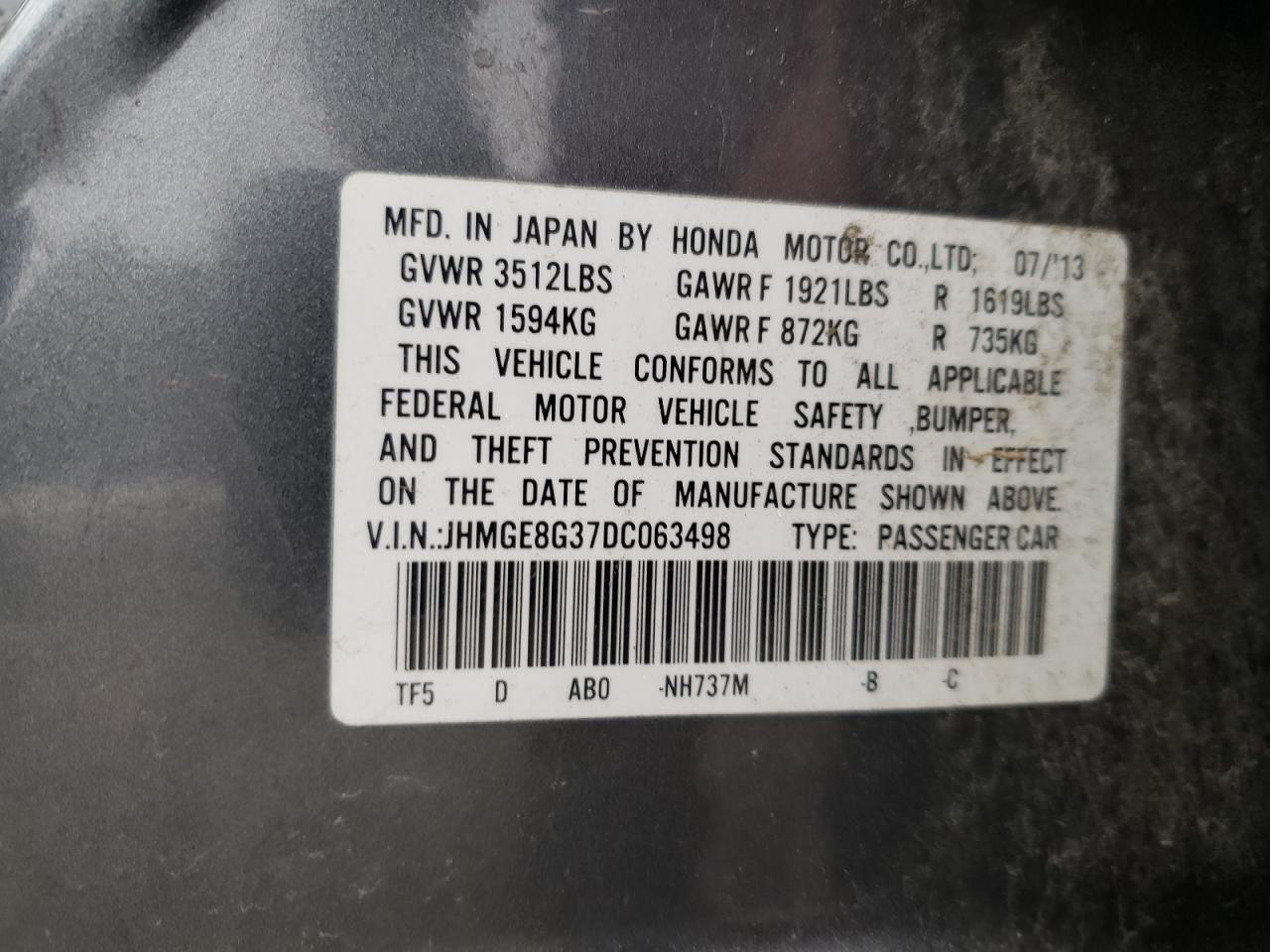 2013 Honda Fit VIN: JHMGE8G37DC063498 Lot: 68273075