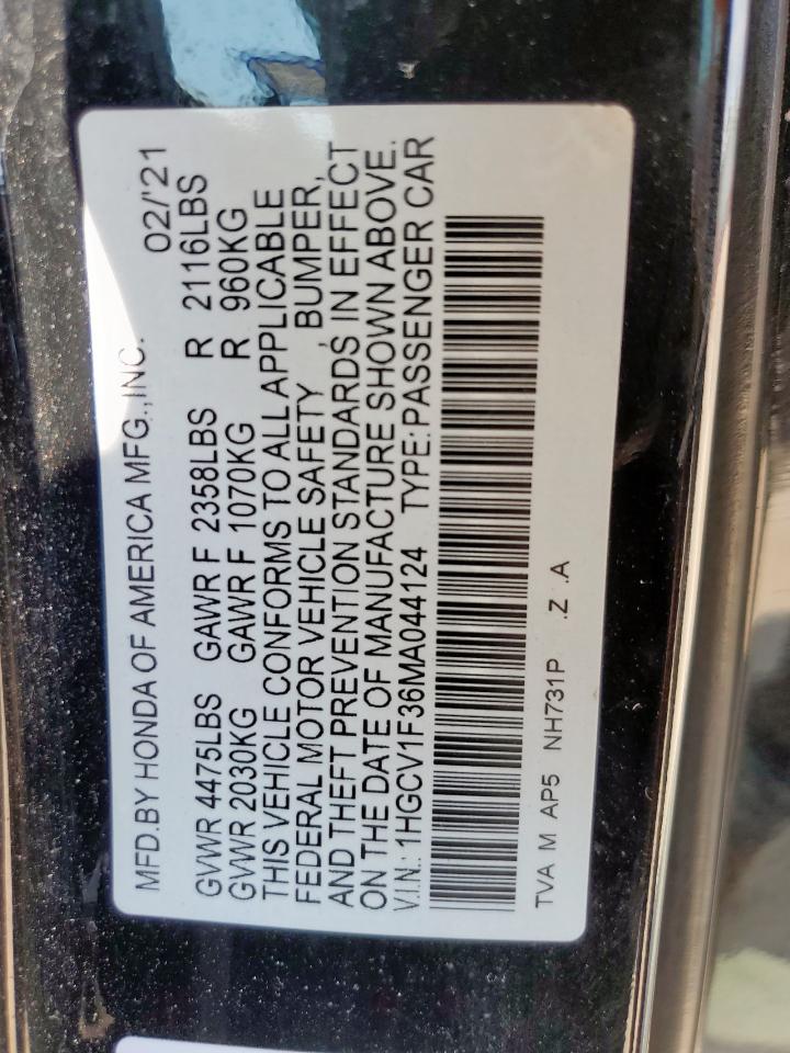 2021 Honda Accord Sport VIN: 1HGCV1F36MA044124 Lot: 69816155