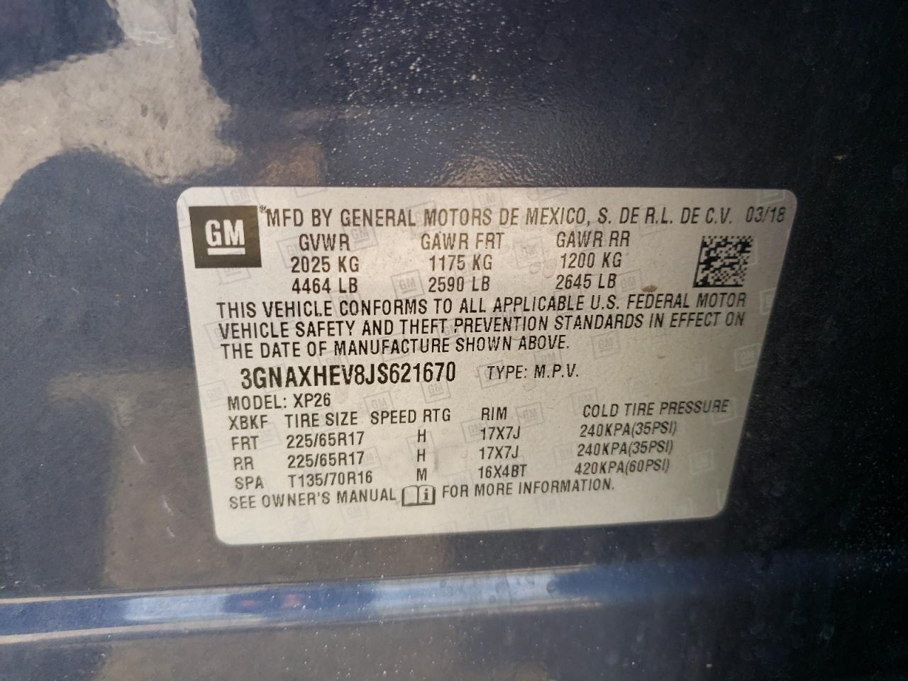 2018 Chevrolet Equinox Ls VIN: 3GNAXHEV8JS621670 Lot: 69202355