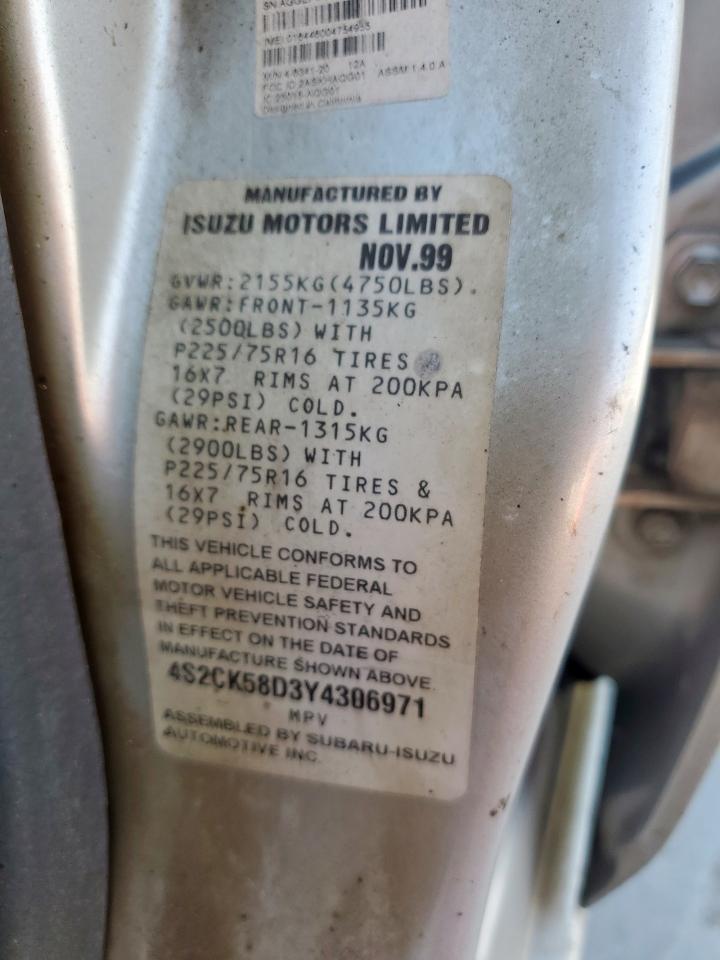 2000 Isuzu Rodeo S VIN: 4S2CK58D3Y4306971 Lot: 68895405